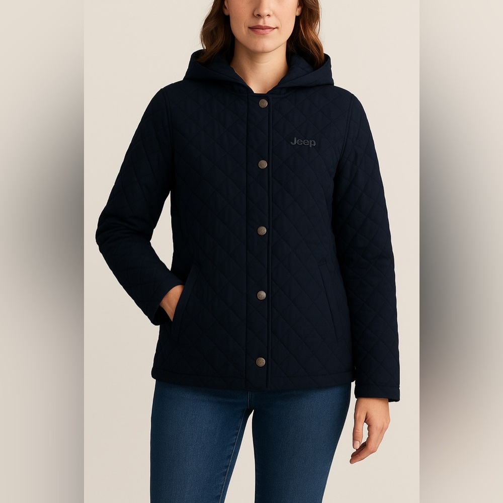 Jeep Navy Blue Quilted Hooded Jacket Fuzzy‎ Soft Lining Size Large Coat Logo VTG
